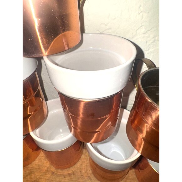 Set Of 7 Copper & White Ceramic Mugs With Brass Handles - Picture 4 of 7